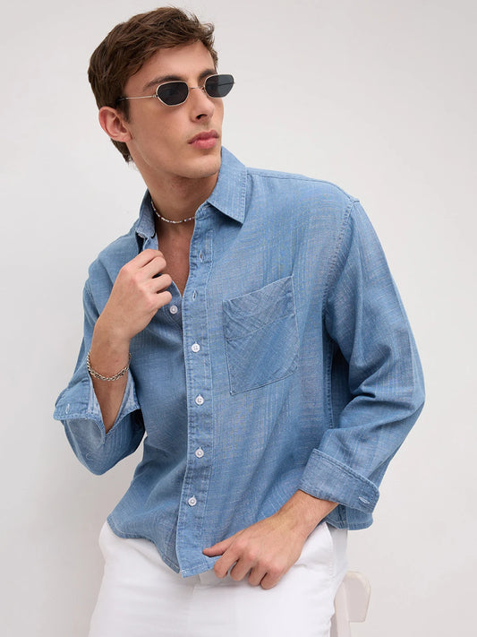 Luxe Denim Checks Boxy Fit Crop Shirt