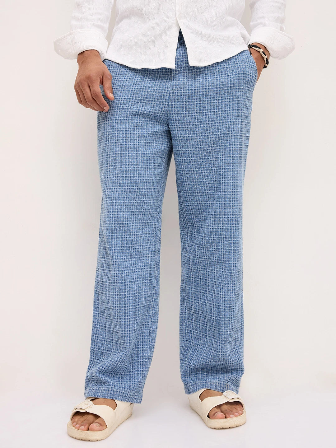 Denim Indigo Geometric Weave Straight Fit Trousers