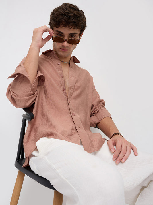 Burnt Clay Sheen Crinkled Boxy Fit Crop Shirt