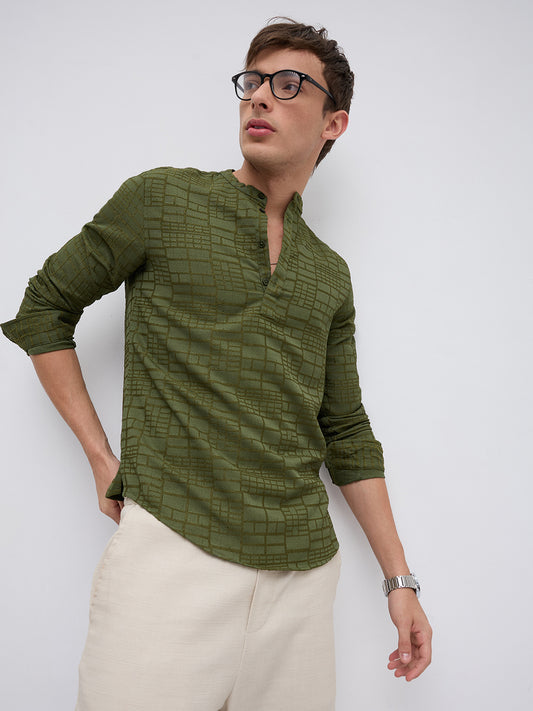Classic Forest Green Maze Textured Kurta