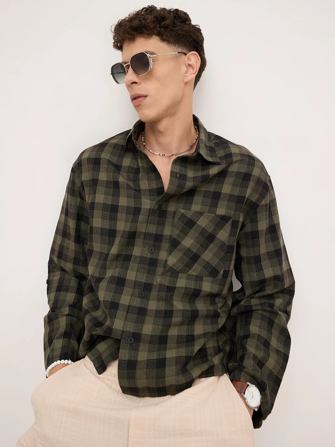 Luxe Green & Black Square Checks Cuffless Oversized Crop Shirt