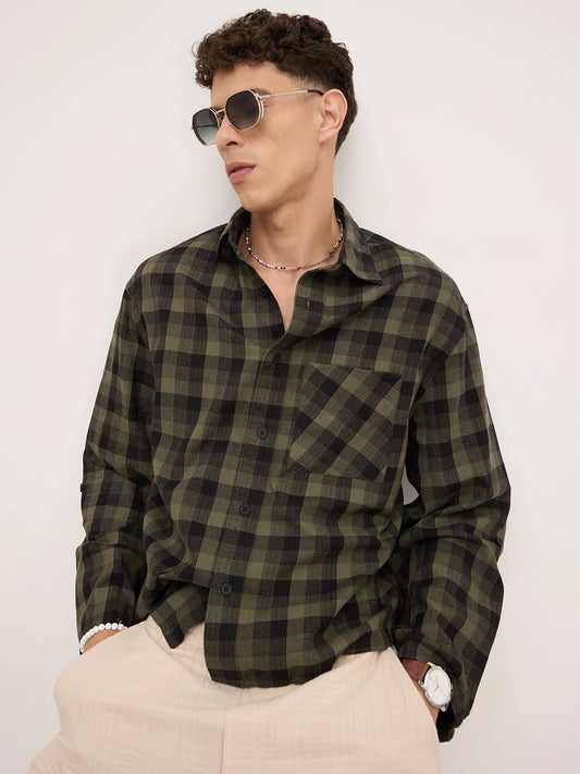 Luxe Green & Black Square Checks Cuffless Oversized Crop Shirt