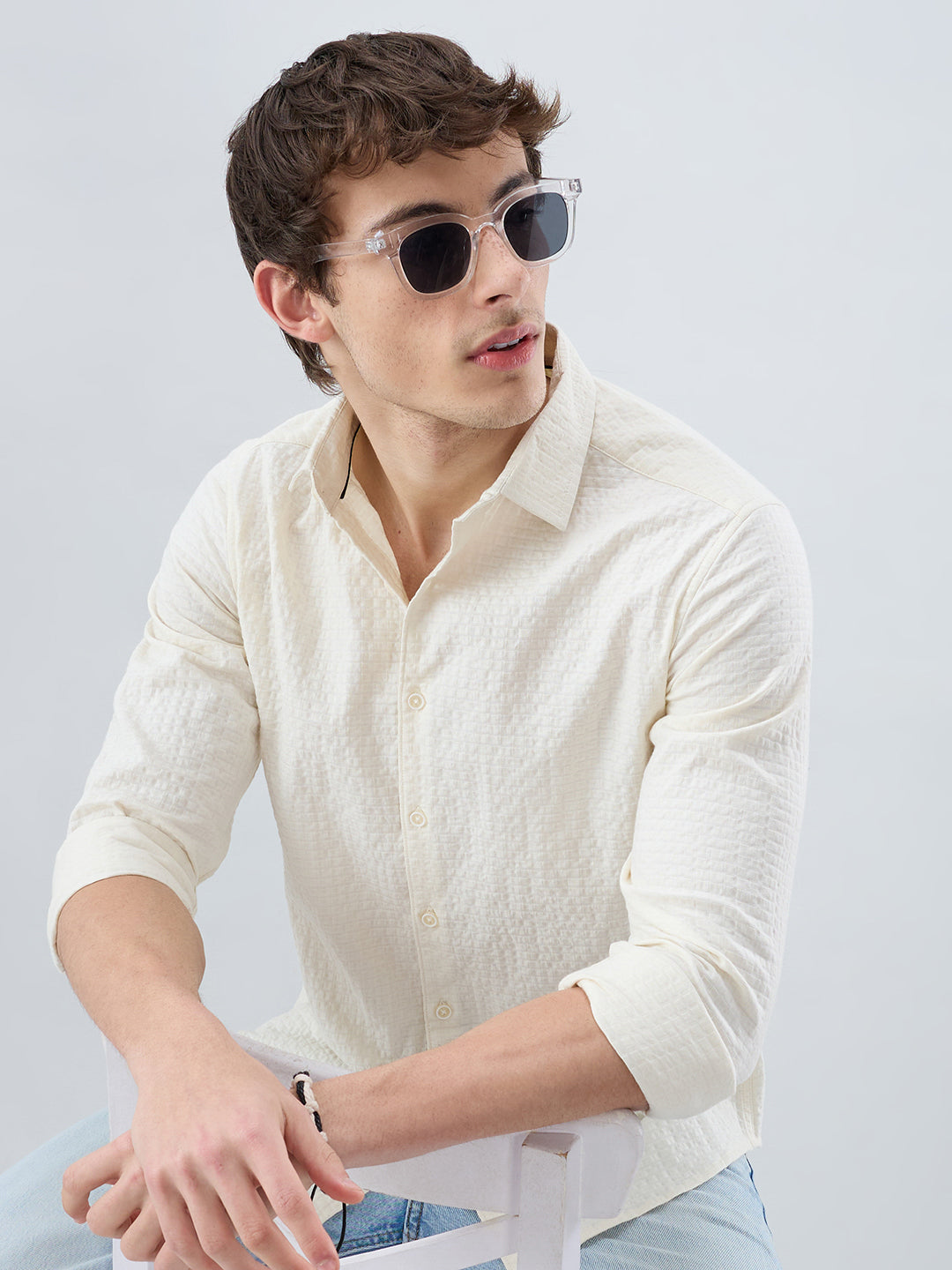 Luxe Ivory Double Coth Seersucker Box Checks Shirt