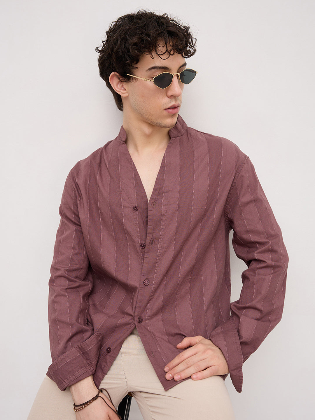 Deep Mauve Panel Textured Stand Collar Oversized Shirt