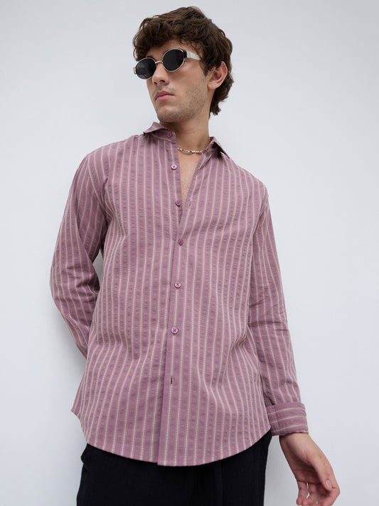 Luxe Raspberry Seersucker Glace Motif Contrast Embroidered Shirt