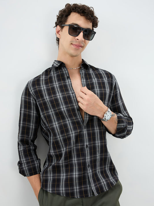 Rich Black Contrast Windowpane Checks Shirt