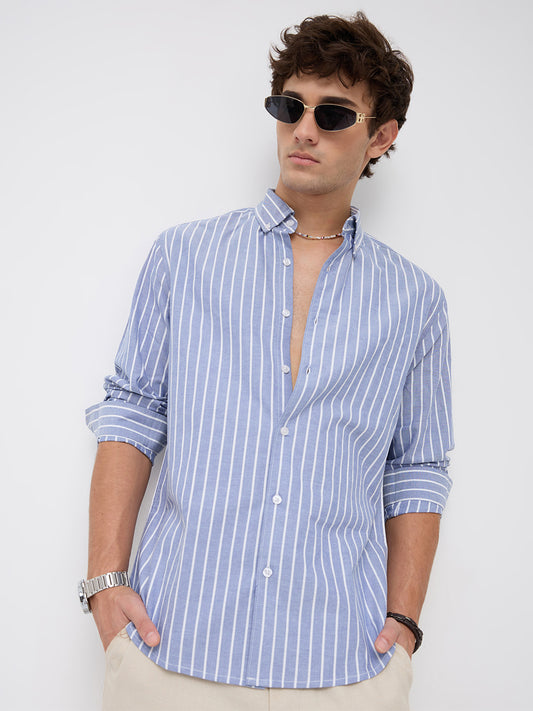 Blue & White Candy Striped Button-Down Collar Oxford Shirt