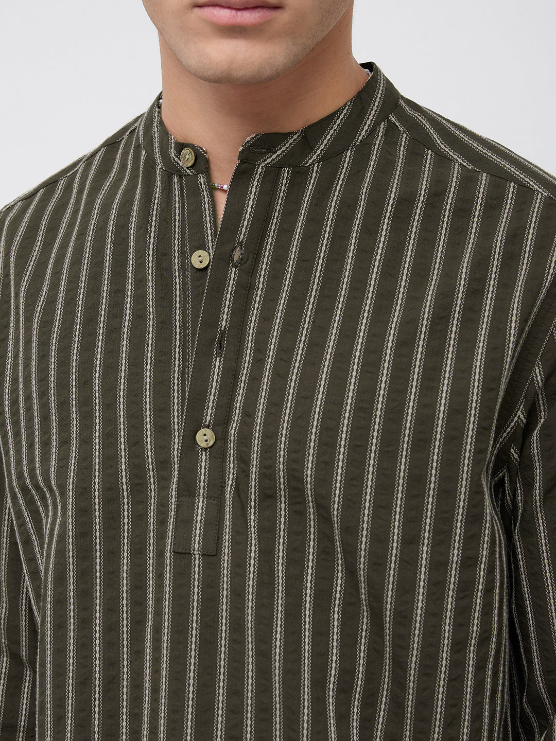 Elegant Olive Motif Seersucker Striped Embroidered Kurta
