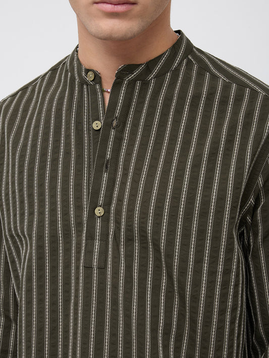 Elegant Olive Motif Seersucker Striped Embroidered Kurta
