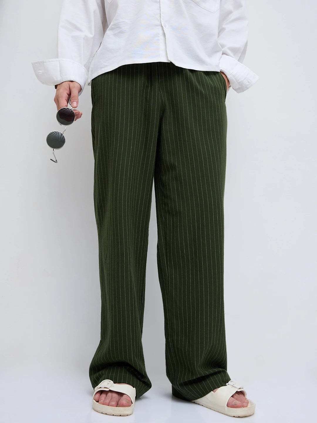 Olive Pinstripe Wide Leg Trousers