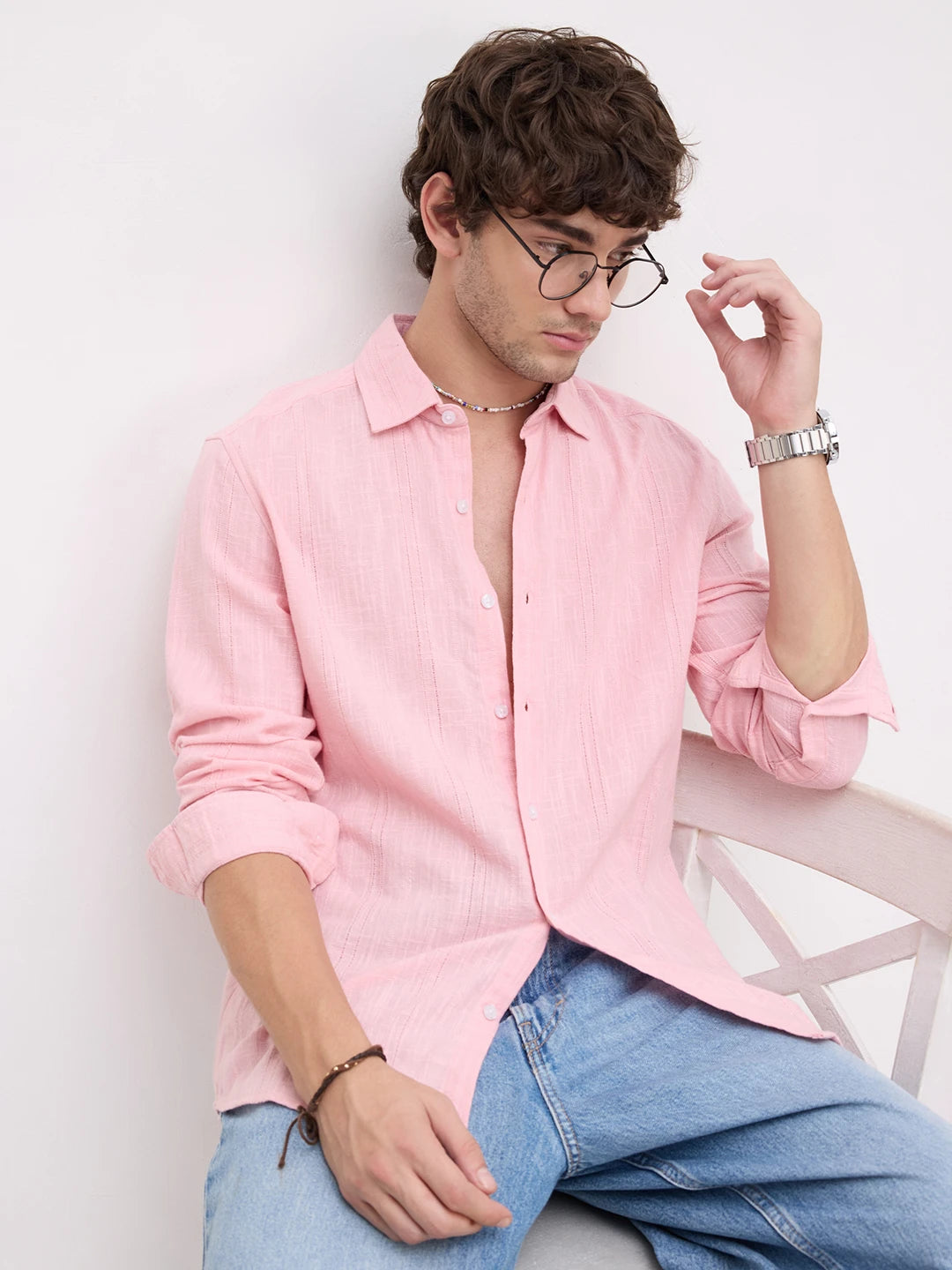 Soft Blush Pink Sheer Textured Shirt