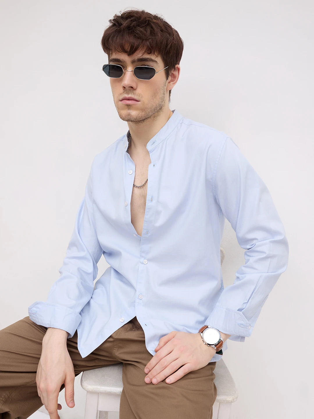 Pastel Blue Herringbone Textured Mandarin Shirt