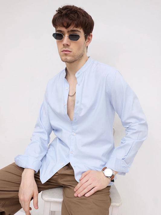Pastel Blue Herringbone Textured Mandarin Shirt