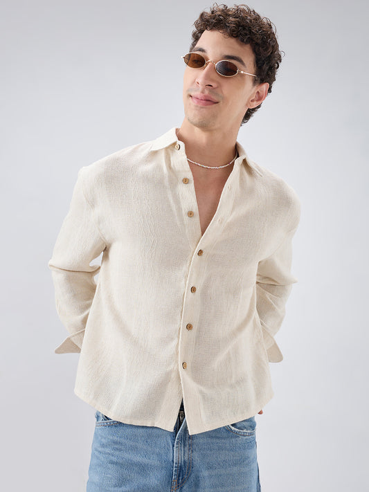 Raw Linen Blend Micro Weave Lozenge Textured Boxy Fit Crop Shirt