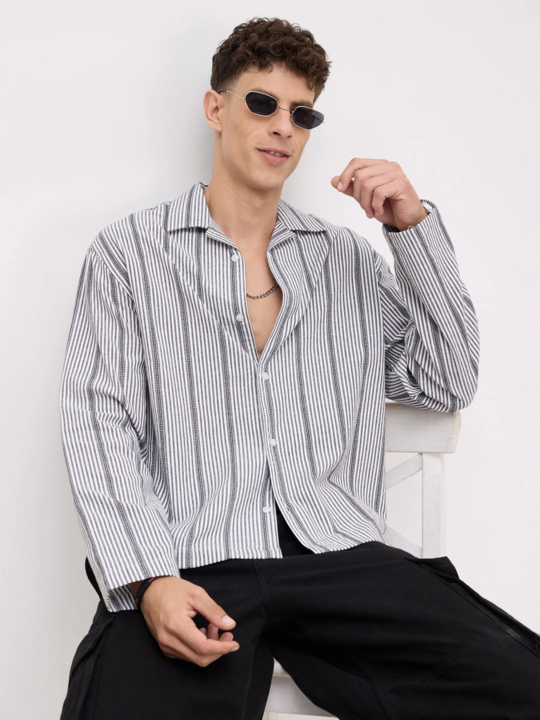 Luxe Monochrome Candy Striped Notch Collar Oversized Shirt