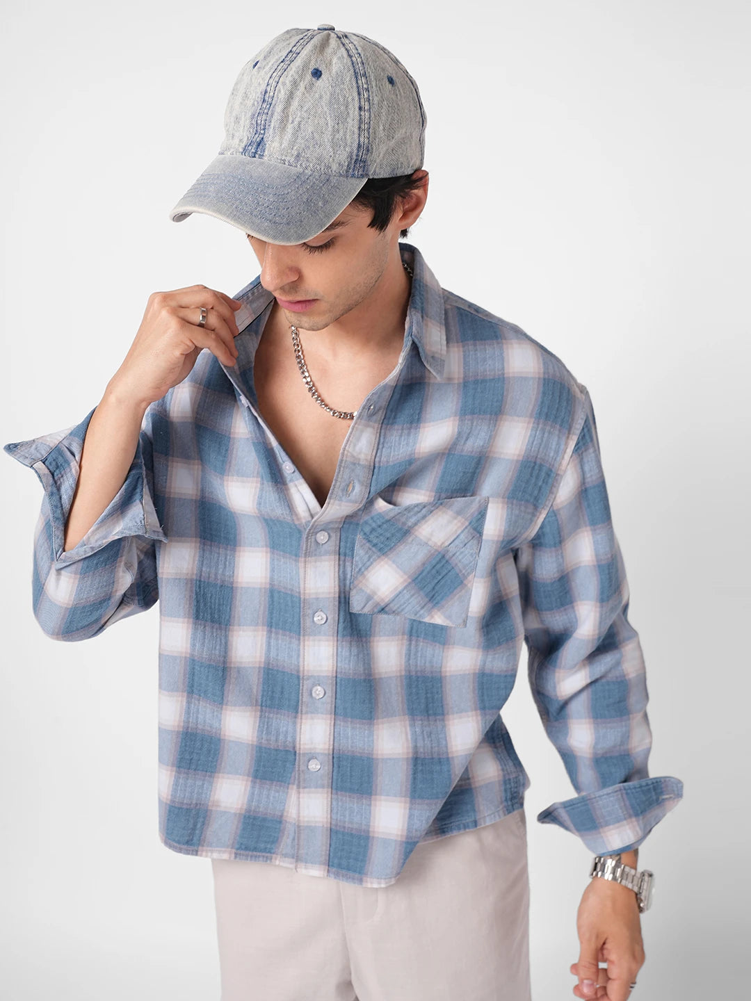 Denim Blue Block Checks Boxy Fit Crop Shirt