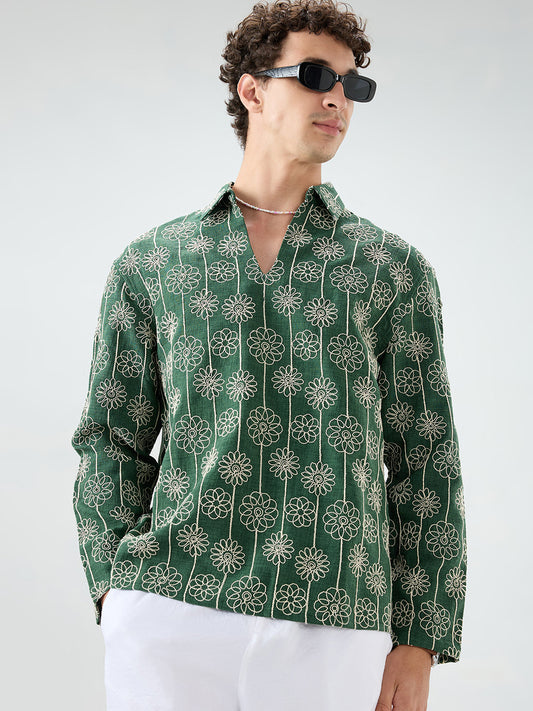 Green Floral Embroidered Oversized Polo Neck Shirt