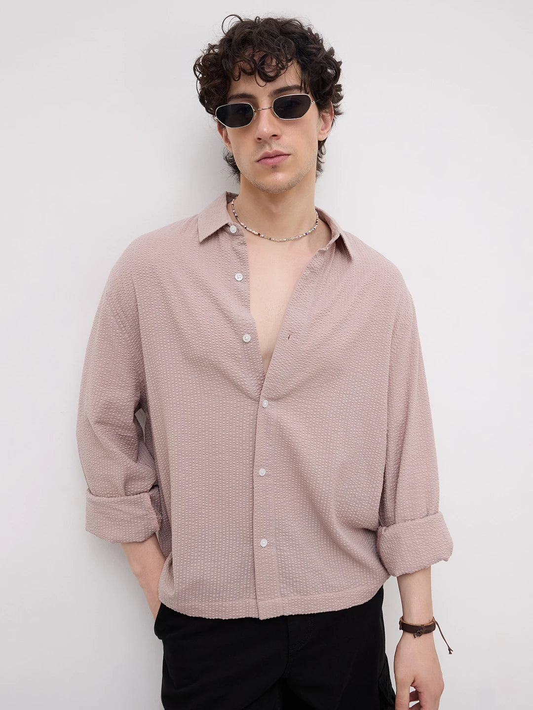 French Beige Seersucker Cuffless Oversized Crop Shirt