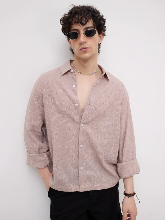 French Beige Seersucker Cuffless Oversized Crop Shirt