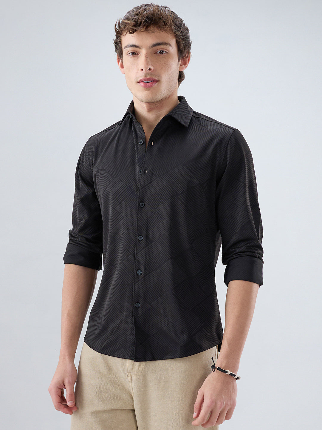 Intricate Black Block Weave Knitted Shirt
