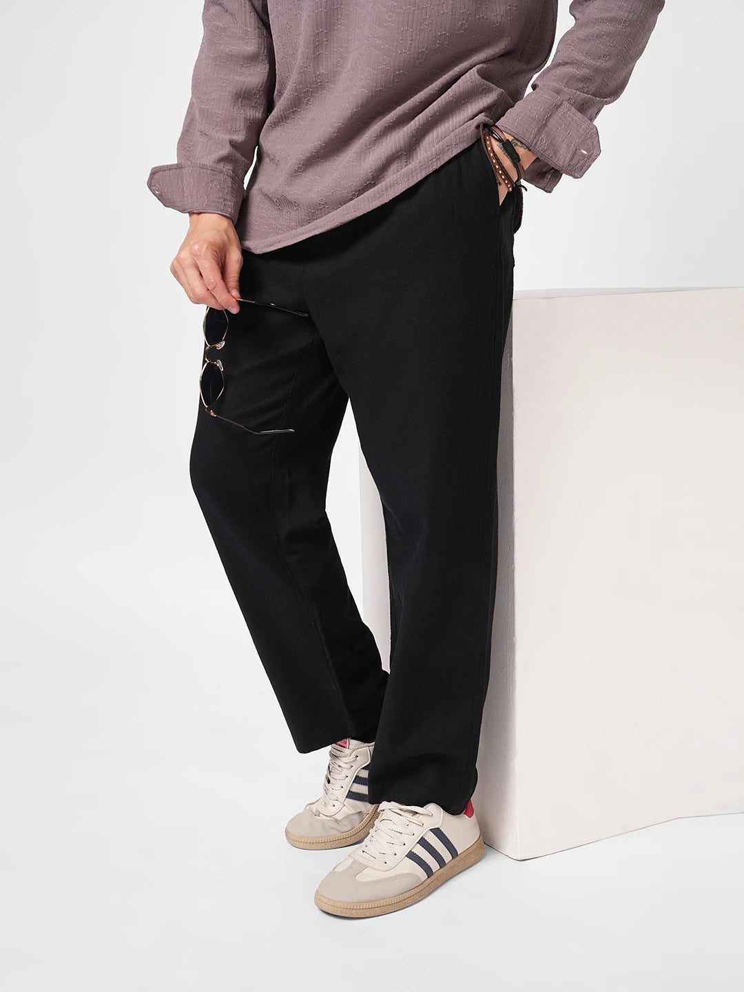 Black Diagonal Twill Textured Tapered Trousers