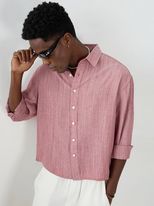 Elegant Brick Red Textured Boxy Fit Crop Shirt