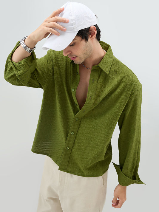 Basil Green Seersucker Striped Boxy Fit Crop Shirt