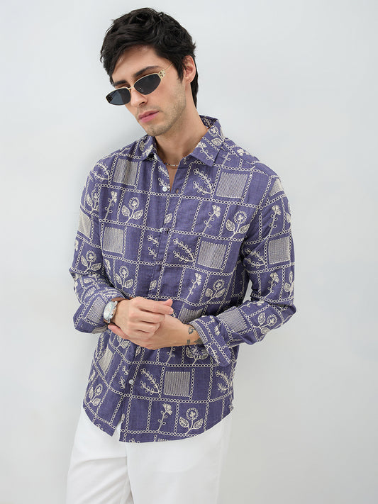 Indigo Frame Floral Contrast Embroidered Shirt