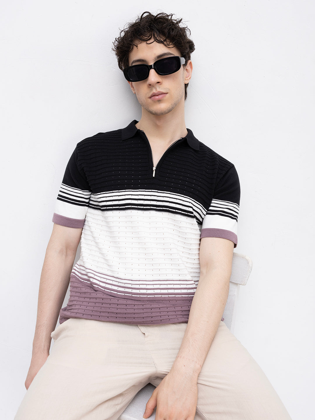 Twilight Horizon Panel Weave Zip Knit Polo T-Shirt