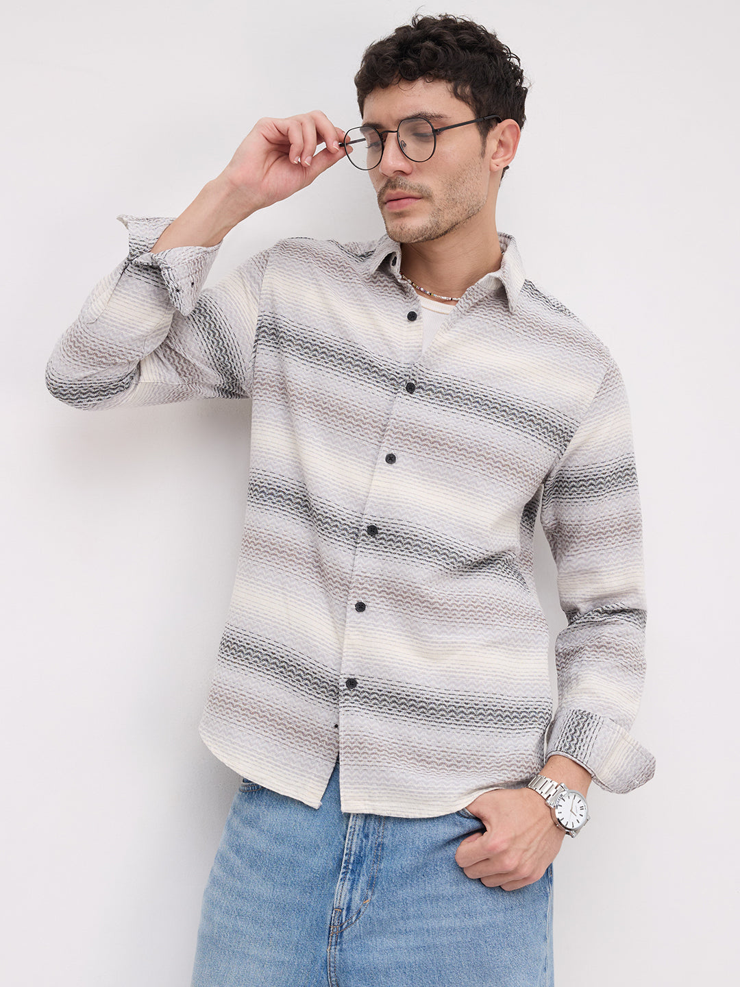 Grey Jacquard Wave Pattern Striped Shirt