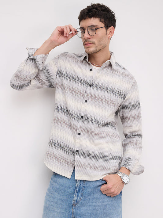 Grey Jacquard Wave Pattern Striped Shirt