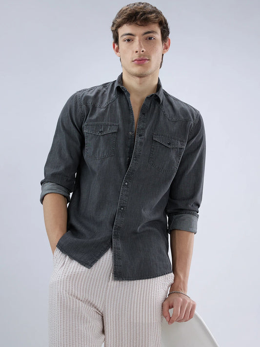 Denim Charcoal Black Twin Pocket Overshirt