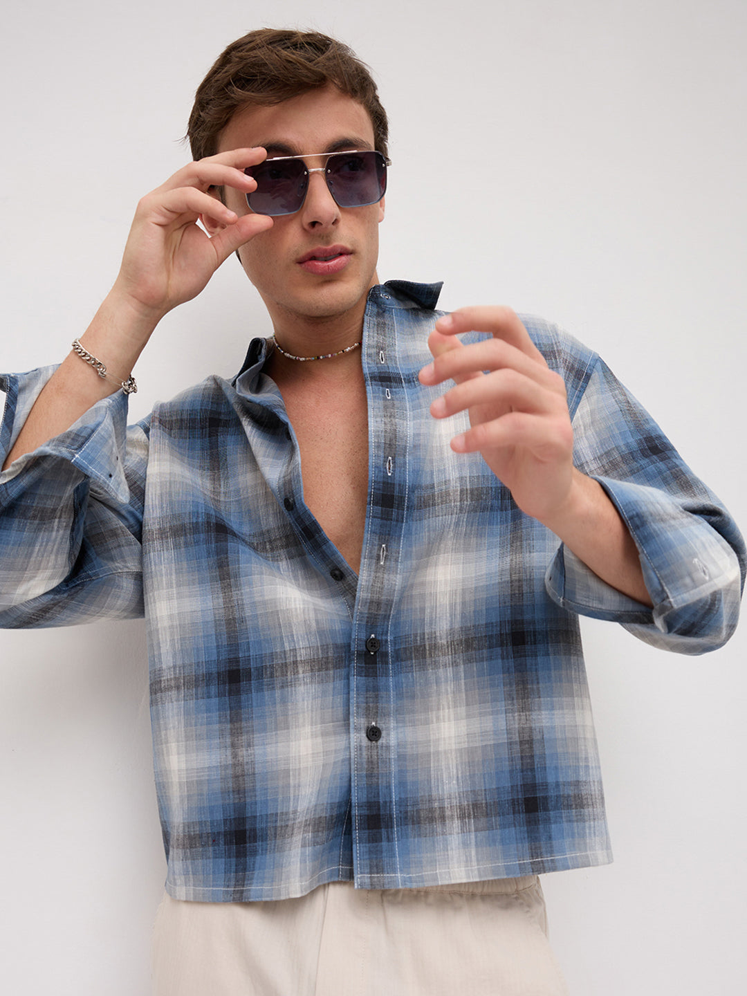 Atlantic Shadow Grid Checks Boxy Fit Crop Shirt