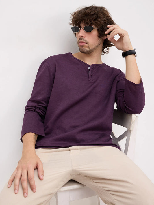 Luxe Plum Linen Blend Henley Neck Oversized Shirt