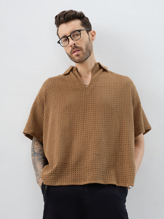 Tawny Brown Crochet Oversized Polo Shirt