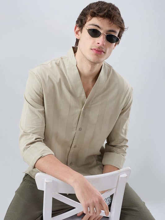 Sandstone Khaki Panel Textured Stand Collar Oversized Shirt