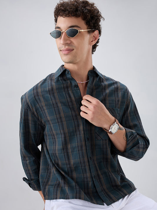 Deep Forest Green Plaid Checks Boxy Fit Crop Shirt