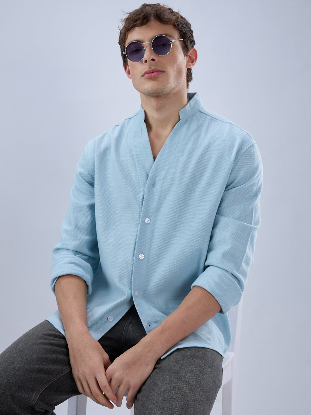 Soft Baby Blue Diagonal Textured Stand Collar Oversized Shirt