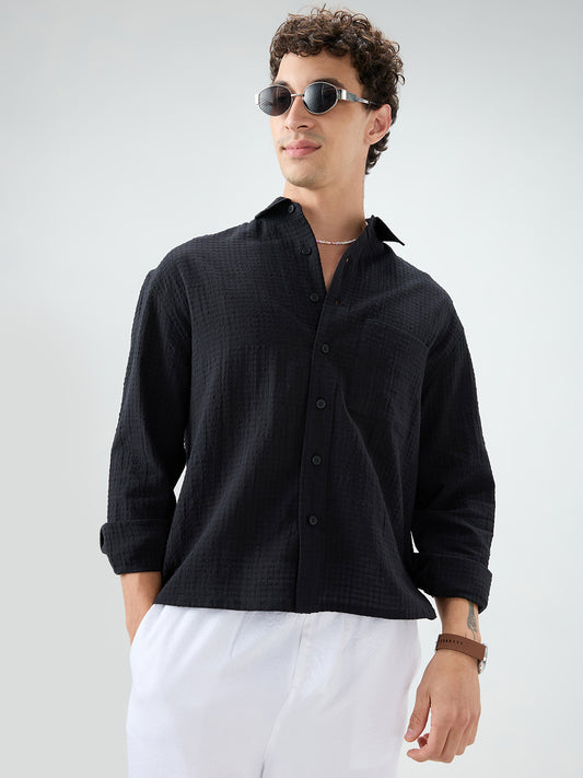 Deep Black Grid Jacquard Weave Boxy Fit Crop Shirt