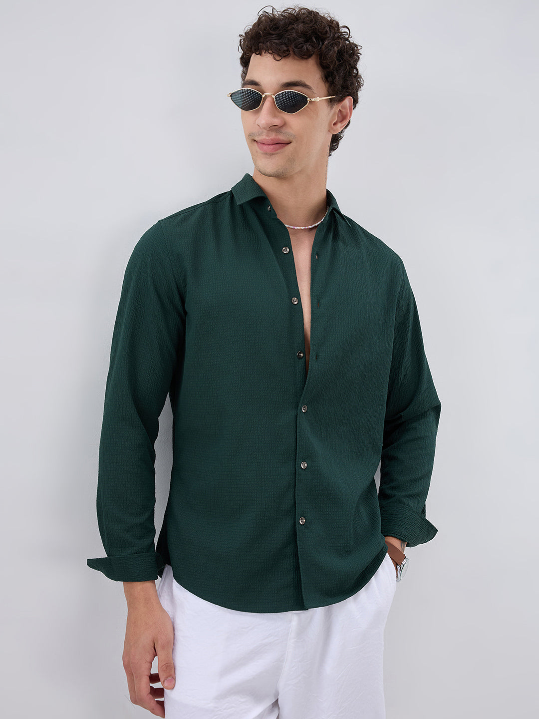 Deep Forest Green Minimal Weave Crinkled Shirt