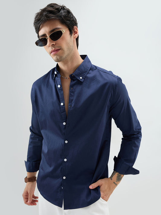 Navy Satin Luxe Button-Down Collar Shirt