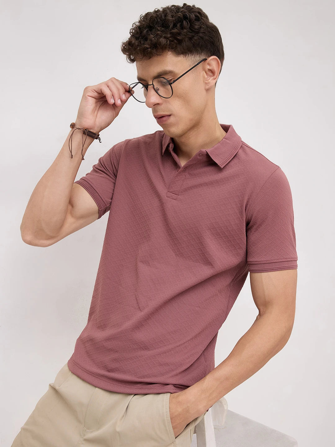 Dusty Rose Diamond Weave Polo Knit T-Shirt
