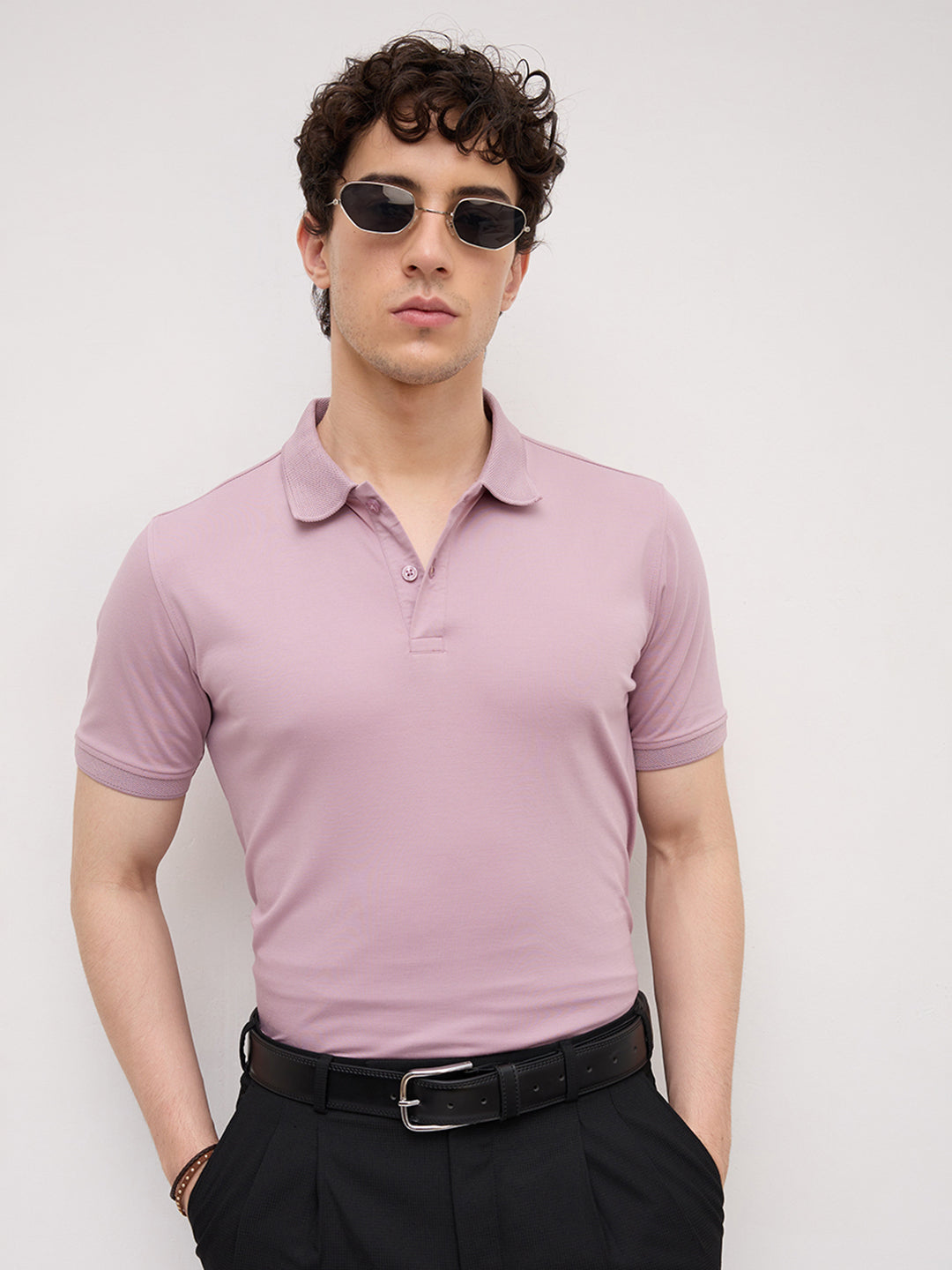 Muted Lilac Honeycomb Polo Knit T-Shirt
