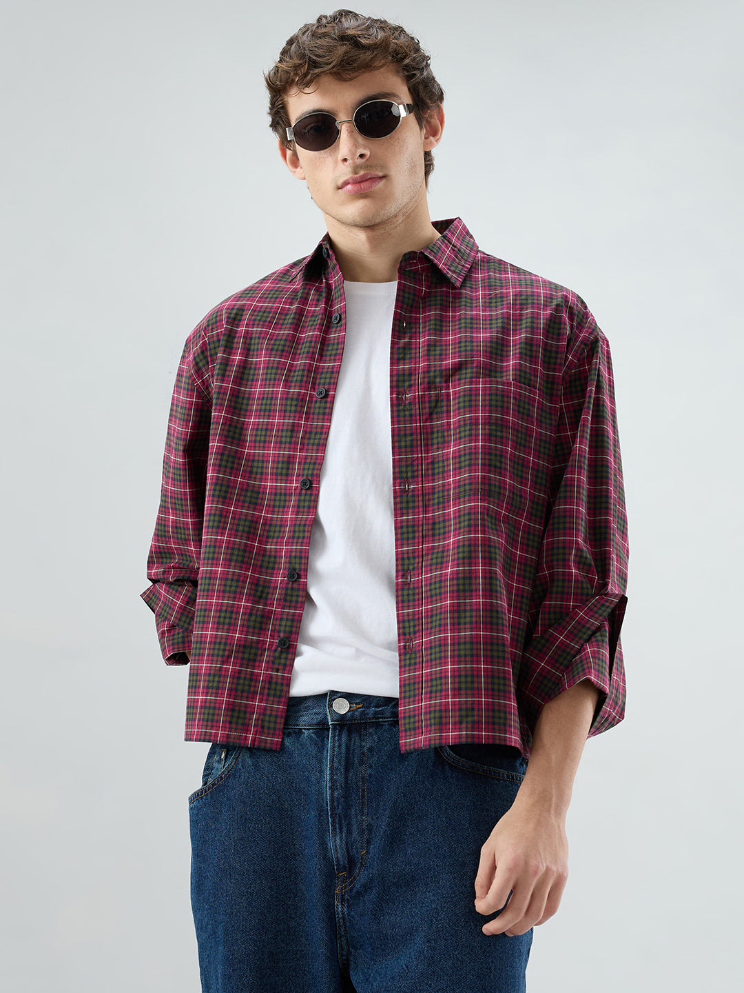 Pink & Olive Plaid Checks Cuffless Oversized Crop Shirt