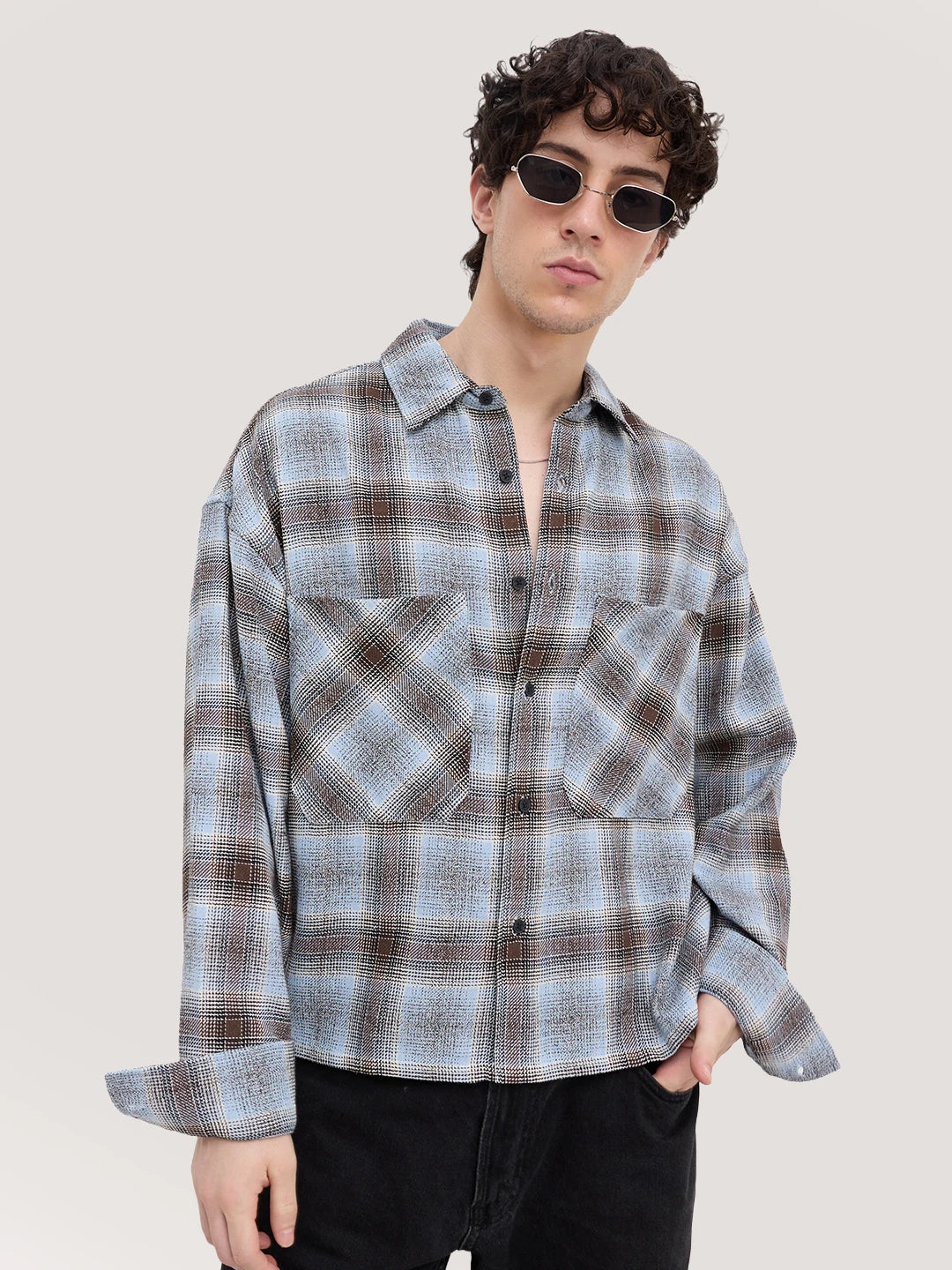 Sky Blue & Brown Flannel Plaid Checks Twin Pocket Crop Shirt