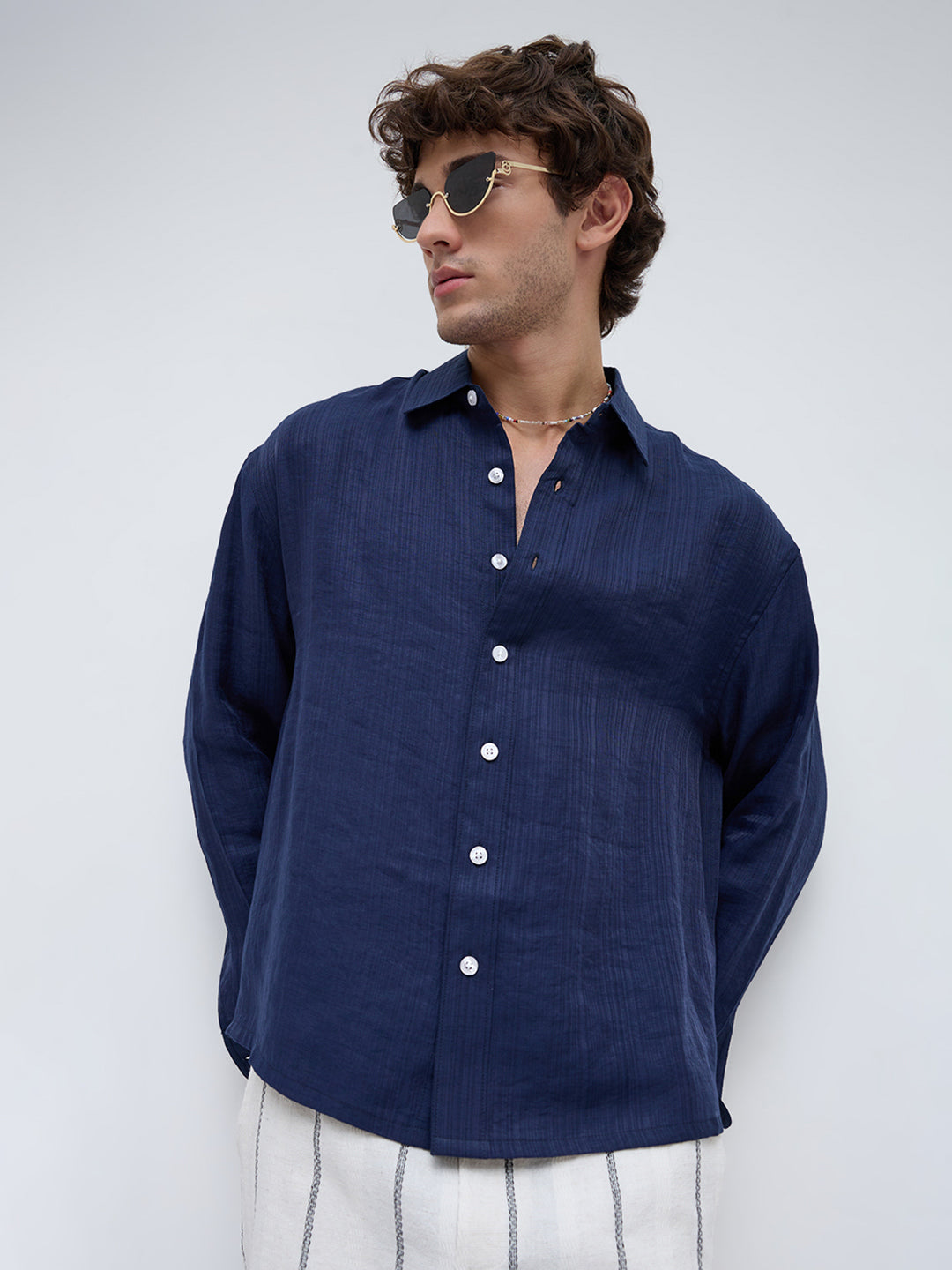 Lustre Navy Striped Weave Boxy Fit Crop Shirt