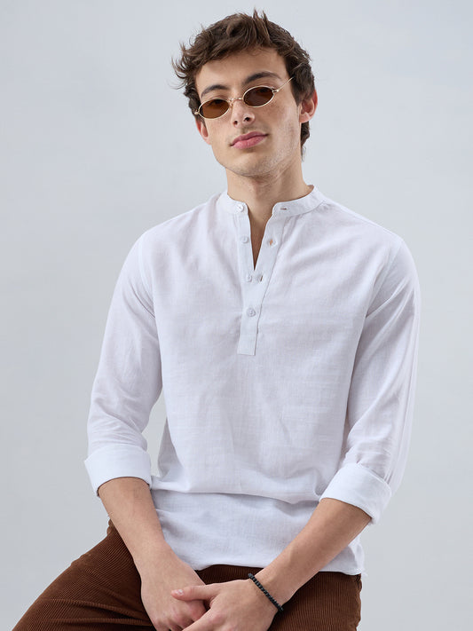 Pearl White Slub Textured Linen Blend Kurta