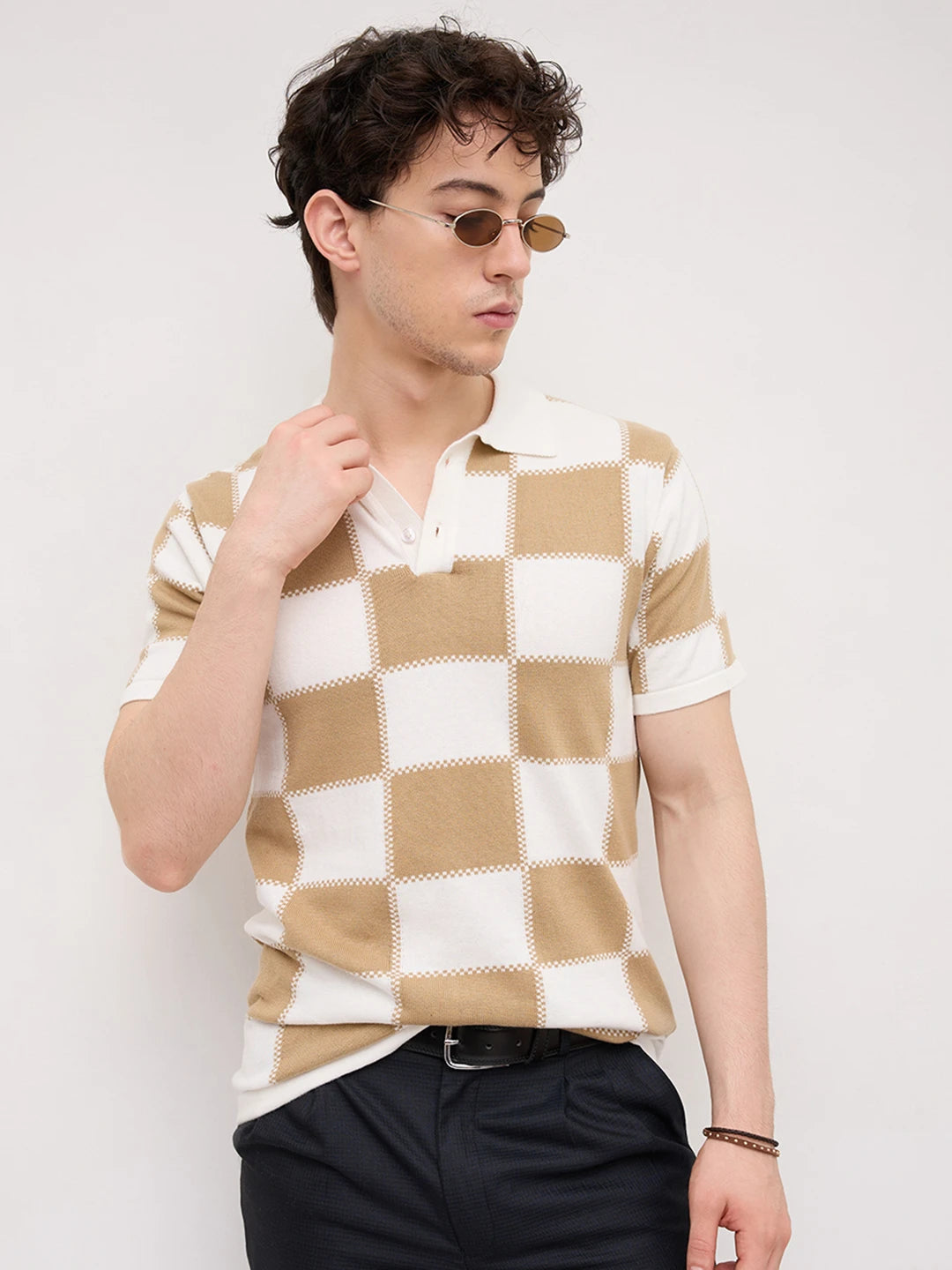 Scalloped Dessert Brown Block Checks Polo T-shirt