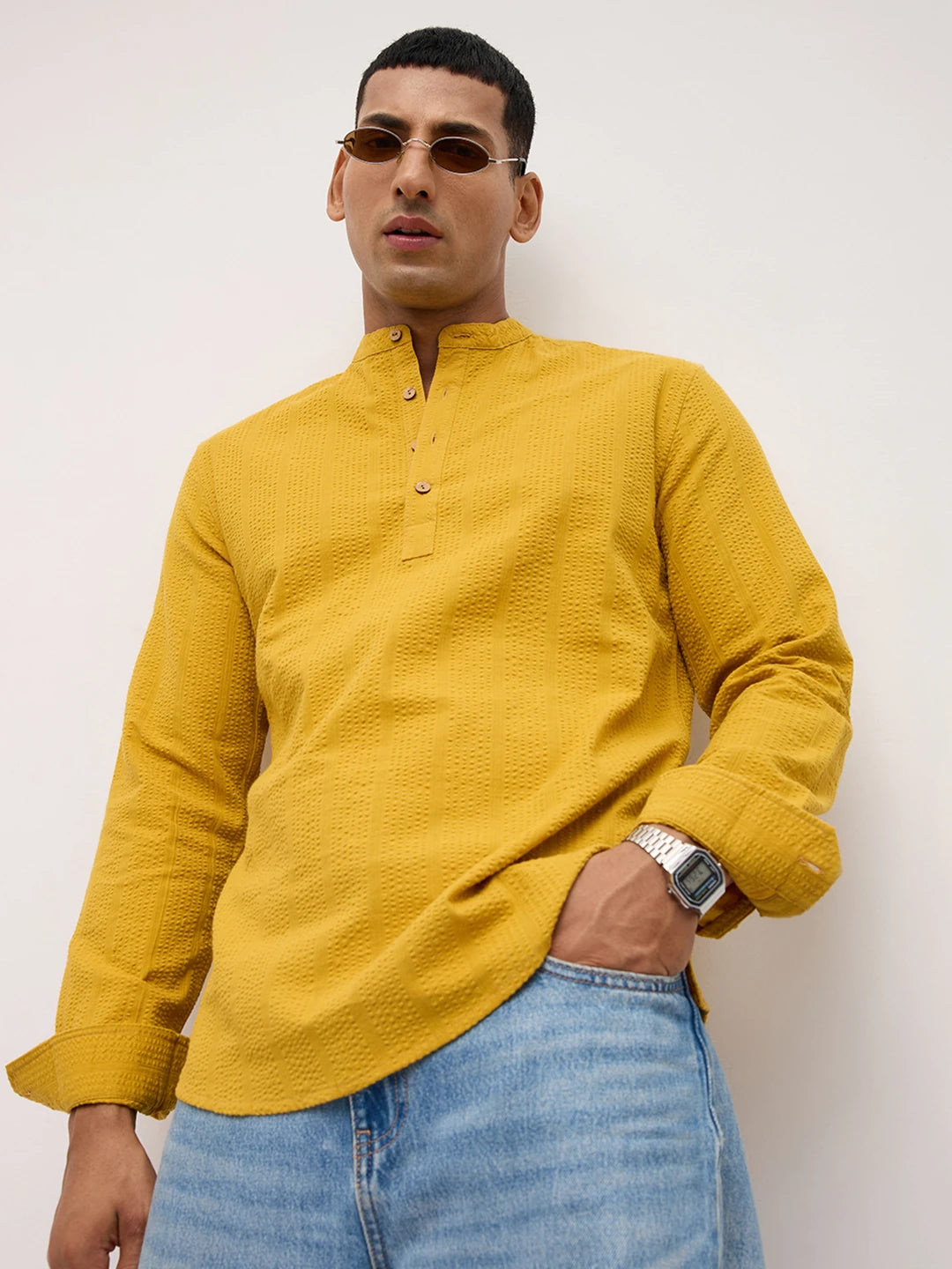 Luxe Mustard Yellow Seersucker Striped Kurta