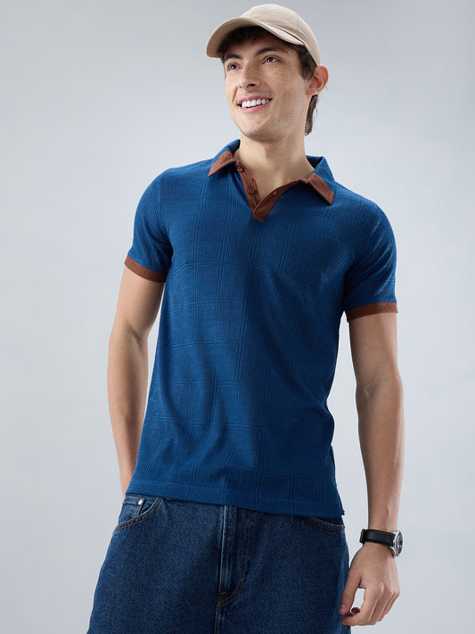 Dark Slate Blue Grid Contrast Polo Neck Knit T-shirt
